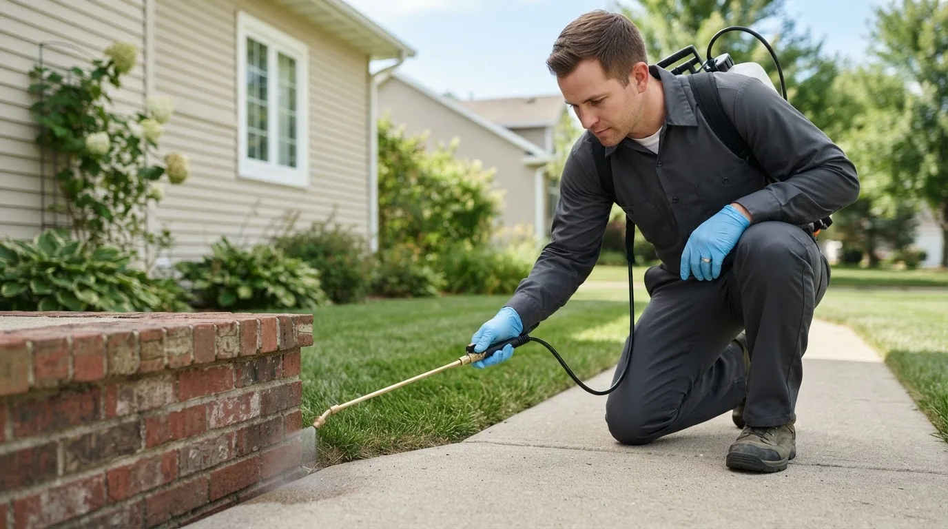 Pest control technician treating a home near East Hartford, CT